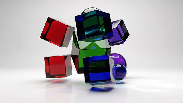 Abstract glass shapes rotate and float in a cluster against a bright white background for dynamic studio motion graphics.