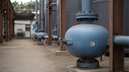 Close up view of industrial piping a blue pressure storage tank and associated valves at a manufacturing plant