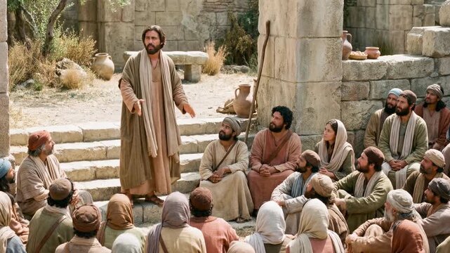Jesus preaching to disciples and crowd in ancient stone village. Biblical scene of Christ teaching followers seated on ground. Religious history, christianity and gospel ministry concept
