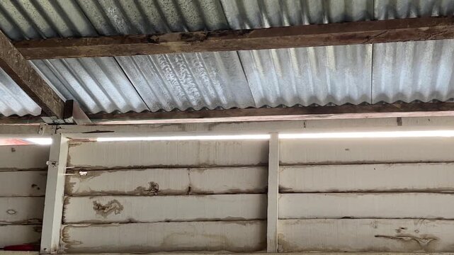 A horizontal panning shot showing cracked and deteriorated wooden planks on a building exterior wall.