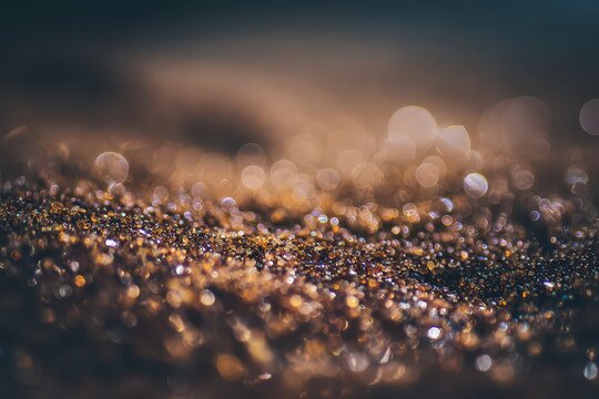 Shimmering Gold Glitter Surface Sparkling on Brown Background in Macro Shot Creates Magical Festive Bokeh Effect with Abstract Glittery Texture