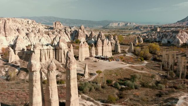 Scenic view of Love Valley in Cappadocia, Turkey, famous for its unique rock formations and fairy chimneys shaped by volcanic activity and erosion.