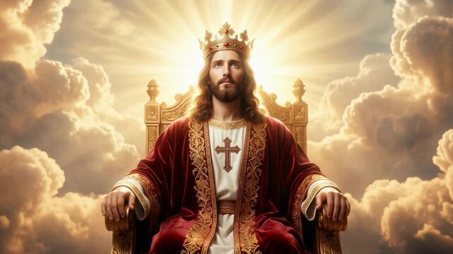 Jesus Christ seated on a golden throne in heaven surrounded by clouds and divine light rays. The King of Kings wears a crown and red robe. Religious concept of spiritual majesty and glory