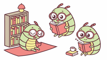 Fototapeta premium Cute Cartoon Worms Reading Books and Studying in Library for Education and Learning Vector Illustration for Children Books and School Classroom Decor and Educational Materials