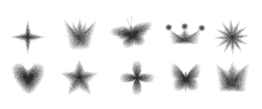 Y2k icons with grain noise gradient. Retro black stippling forms set. Butterfly, crown, heart and star halftone gradation figures isolated on white background. Vector dotworks grit shapes illustration