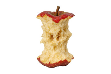 Apple core remaining after eating, showing red skin remnants, white pulp, seeds, and stem, indicating healthy snack or food waste