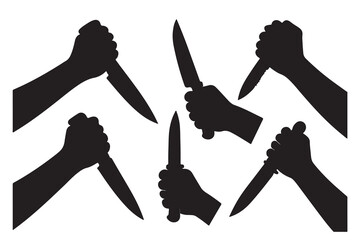 Silhouettes of menacing hands grasping sharp knives against a stark white background
