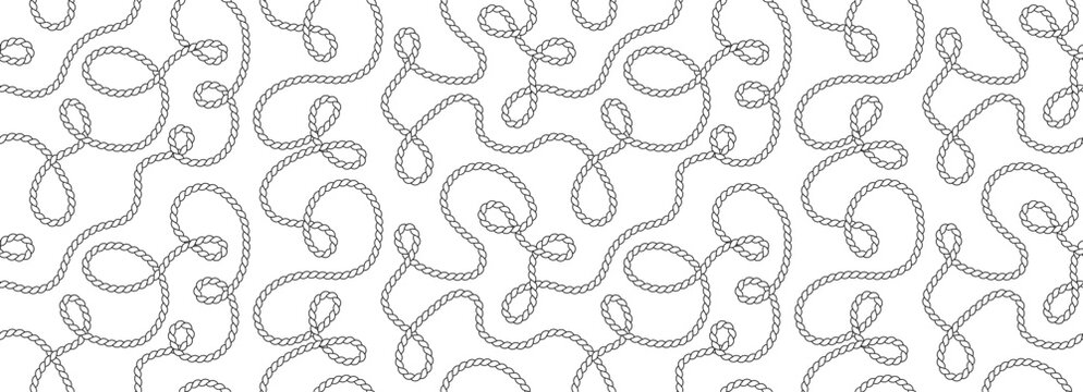 Seamless pattern of wavy twisted hemp ropes on white background. Pattern of long cord.