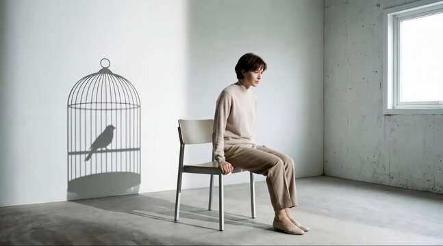 Solitary contemplation amidst stark walls, a poignant shadow of a bird and its cage beside a pensive soul