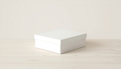 Naklejka premium A small white box sitting on a light-colored wooden surface against a plain background