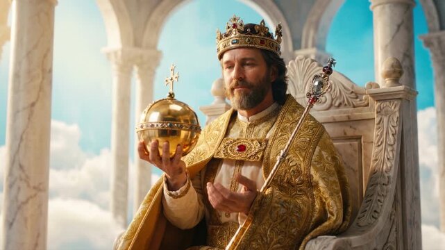 Majestic king sitting on a marble throne holding a golden orb and scepter. Royal monarch wearing a crown and gold robes in a fantasy palace with clouds. Divine authority and power concept