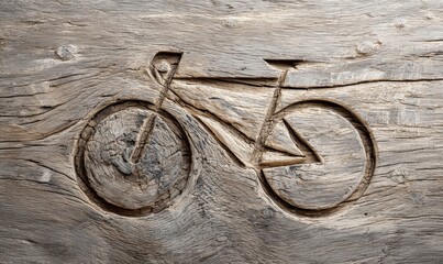 Wooden Bicycle Carving on Textured Surface