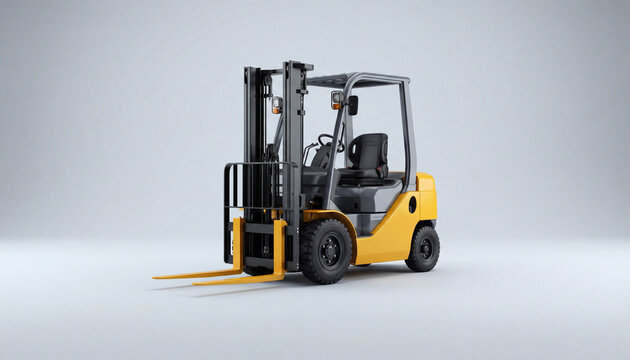A yellow forklift viewed from the front left against a plain white background