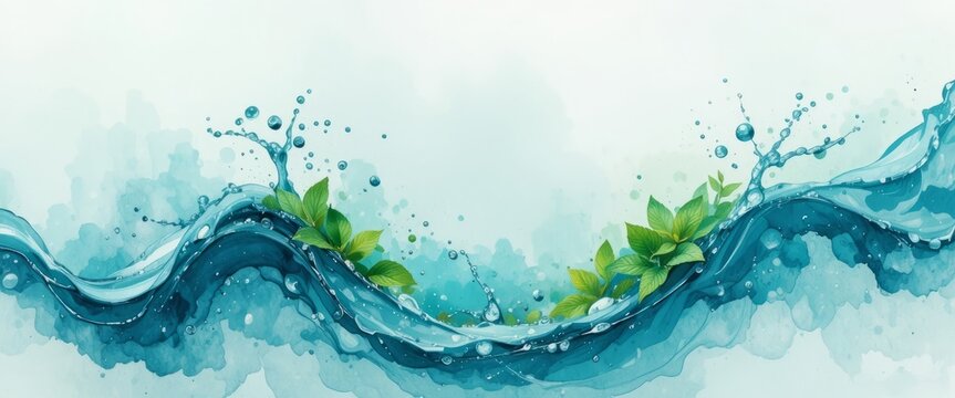 Realistic watercolor illustration of Freshness effect, blue water, air wind flow with green leaves. Glow waves and swirls, wand trails, fresh menthol breath or detergent isolated on white background, 