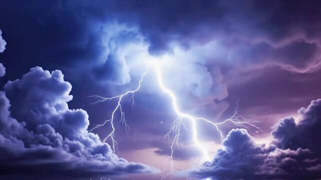 Dramatic lightning bolt strikes through purple storm clouds in slow motion atmospheric night sky cinematic weather footage