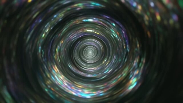 Abstract spectrum vortex animation, swirling silver glass rings chromatic tunnel, defocused reflection leaks light smears, colorful arch ring flashes, prismatic refractions, stroboscopic shimmer
