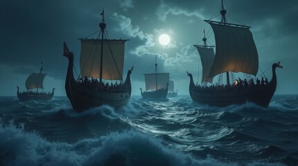 Fleet of Viking longships sailing on a stormy sea at night under a full moon. Dramatic cinematic scene of Norse warriors on a voyage during a tempest. Generative AI.
