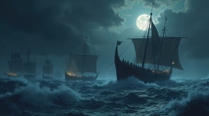 Fleet of Viking longships sailing on a stormy sea at night under a full moon. Dramatic cinematic scene of Norse warriors on a voyage during a tempest. Generative AI.