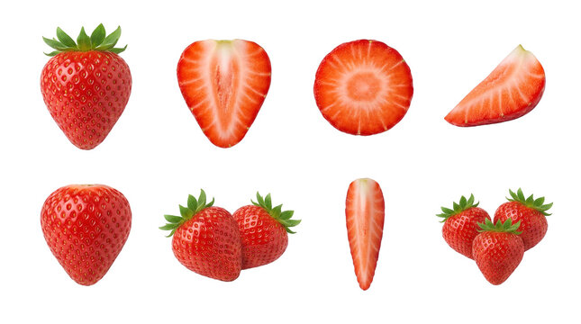 Fresh red strawberry set including whole berries, halves, longitudinal slices, and cross sections isolated. Healthy fruit and organic food collection.