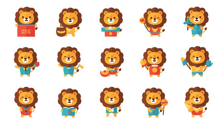 Fototapeta premium Collection of Funny Lion Cartoon Characters