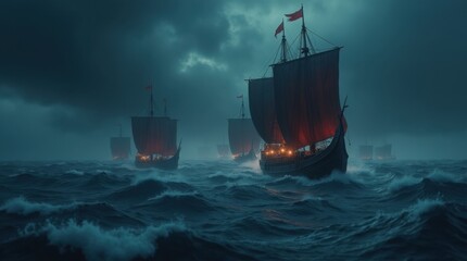 Fleet of Viking longships sailing on a stormy sea at night under a full moon. Dramatic cinematic scene of Norse warriors on a voyage during a tempest. Generative AI.