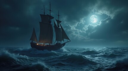 Fleet of Viking longships sailing on a stormy sea at night under a full moon. Dramatic cinematic scene of Norse warriors on a voyage during a tempest. Generative AI.