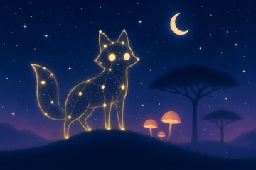 Fototapeta premium Fox constellation glowing in a deep navy sky with a crescent moon, whimsical cosmic illustration with starlight for nursery decor, children's books, and wall prints.