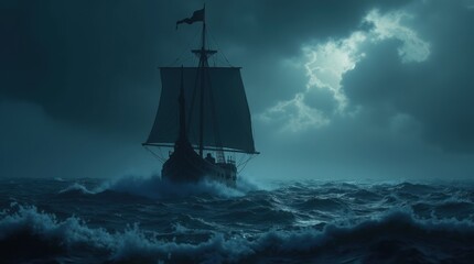 Fleet of Viking longships sailing on a stormy sea at night under a full moon. Dramatic cinematic scene of Norse warriors on a voyage during a tempest. Generative AI.