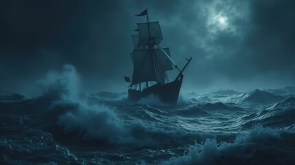 Fleet of Viking longships sailing on a stormy sea at night under a full moon. Dramatic cinematic scene of Norse warriors on a voyage during a tempest. Generative AI.