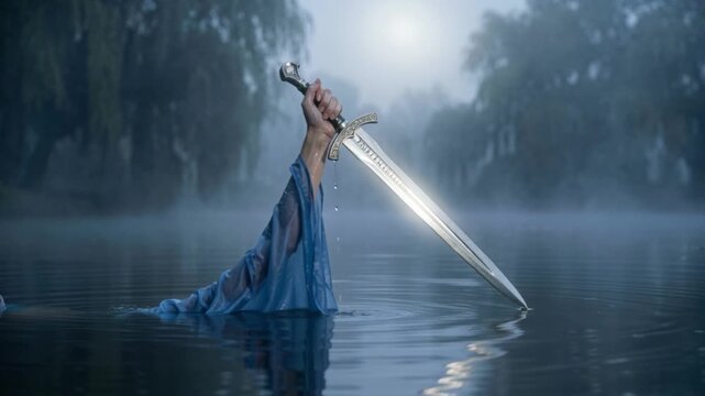 Hand of the Lady of the Lake emerging from misty water holding Excalibur. Mystical Arthurian legend scene with a silver sword. Fantasy and medieval folklore concept