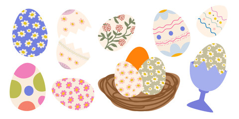 Set of traditional Easter eggs decorated with floral design elements and bright shapes in cartoon style. Vector festive spring holiday elements for greeting card, banner, print, poster, stickers