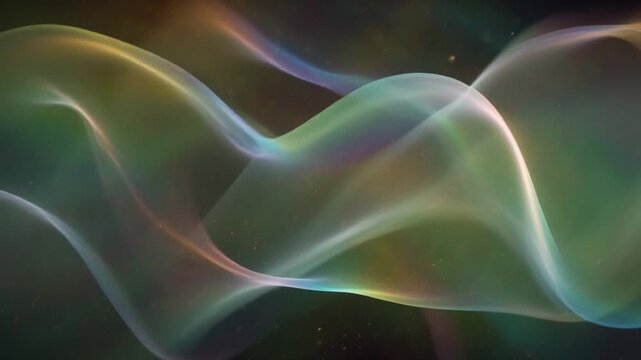 4K seamless animation holographic aurora veils floating slowly pastel rainbow gradients, iridescent light reflections flowing movement, glimmering particles along folds, dreamy abstract background