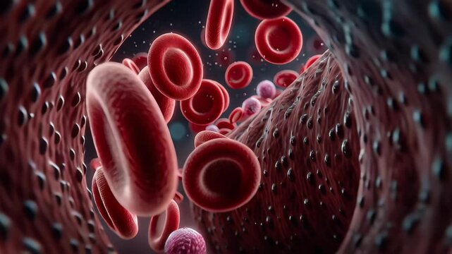 A detailed microscopic perspective reveals human blood cells, including red and white cells, flowing amidst plasma. the vibrant colors and intricate textures highlight the complexity and beauty of bio