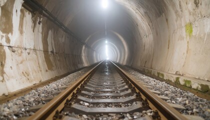Railway tracks leading into a tunnel with light at the end.