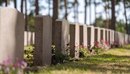 Fototapeta premium Row of gravestones in a military cemetery on a sunny day.