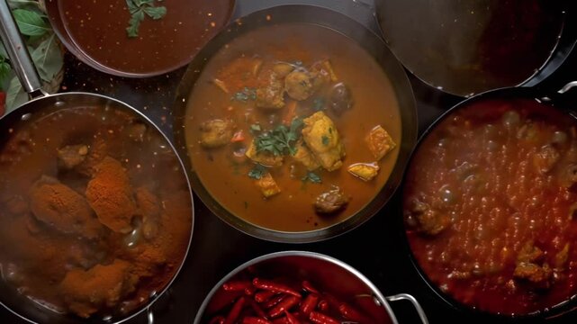 4K cinematic video, multiple Indian dishes cooking simultaneously, chicken curry, mutton rogan josh, tikka masala, pans boiling, sauces swirling, vibrant spices sprinkled, steam clouds merging