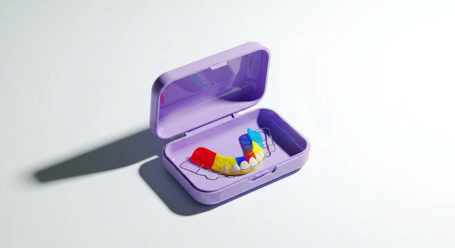 Open purple retainer case holds colorful orthodontic plate on light background, ready for daily storage  Combines aesthetic descriptors (&ldquo;vibrant colors&rdquo;) with practical ones (&ldquo;teeth alignment&rdquo;).