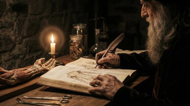 Elderly scholar drawing anatomical diagrams in an old book by candlelight. Renaissance scientist using a quill pen in a dark study. Historical research and anatomy concept