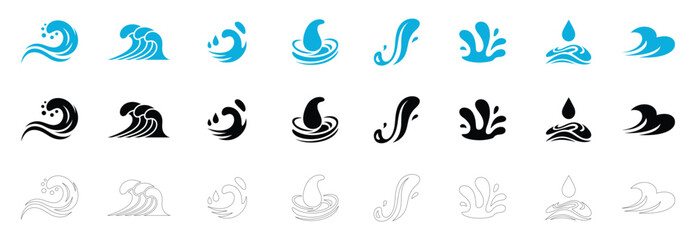Fototapeta premium Water splash icon set, Water wave and splash silhouette, flat design, Stylized water drops, Water design elements vector collection.