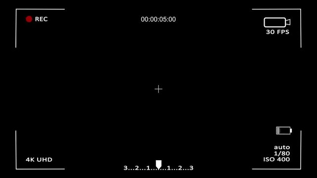 Recording Screen motion graphics on black screen background, VCR VHS Recording,camera viewfinder,video recording in camera animation with time and sound effect,Camera recording interface, Camera frame