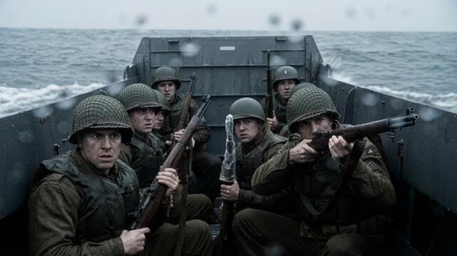 American soldiers in a landing craft during a rainy amphibious assault. WWII infantry troops in rough seas with rifles and helmets. Historical military operation concept. Gritty footage