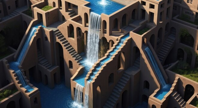 Generative AI surreal architectural landscape of impossible waterfalls and stone staircases in an infinite maze