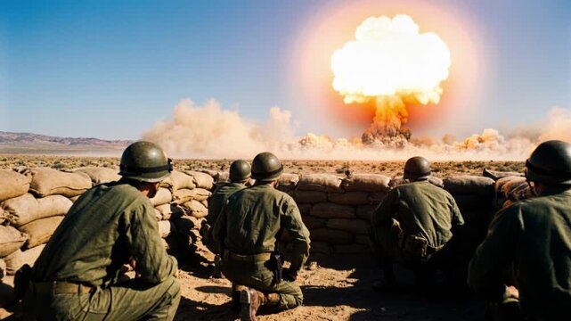 Soldiers observing a nuclear explosion in the desert. Atomic bomb test with a massive mushroom cloud rising on the horizon. Cold War military history and weapon testing concept