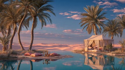 Naklejka premium Desert oasis scene with palm trees, a draped shelter by a tranquil pool, & sunset hues