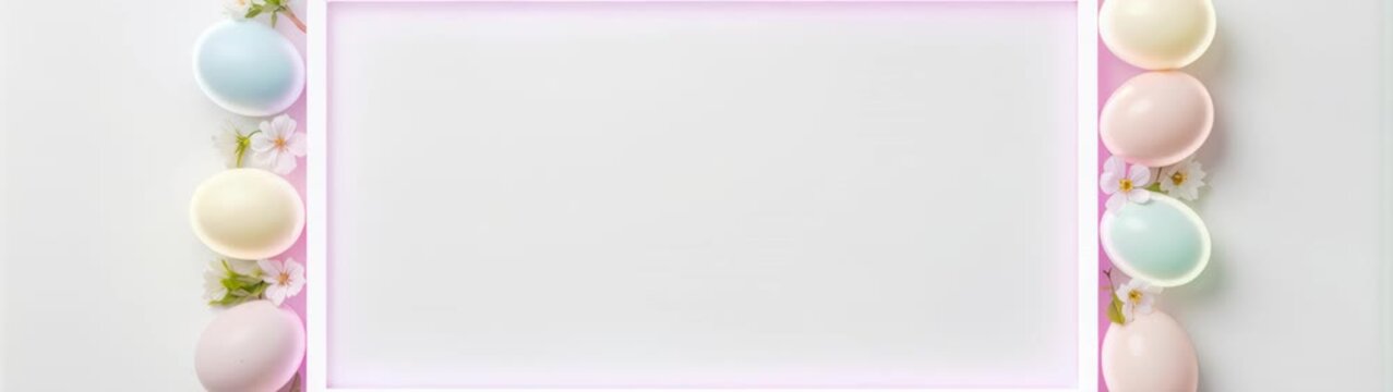 Pastel colored easter eggs and spring flowers forming decorative frame with copy space.