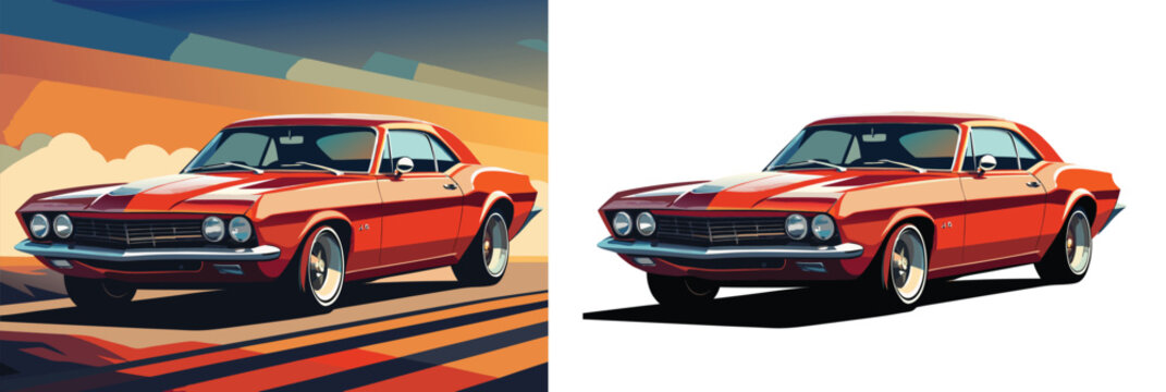A classic orange muscle car shown with an abstract background and isolated.

