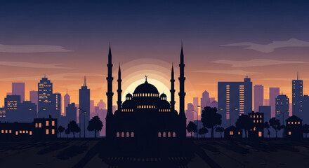 Fototapeta premium Silhouette of a mosque with minarets against a vibrant city skyline at sunset with illuminated buildings and a warm orange sky
