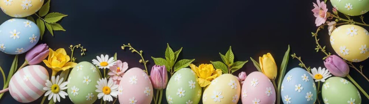 Pastel easter eggs with spring flowers creating seasonal banner on a dark background.