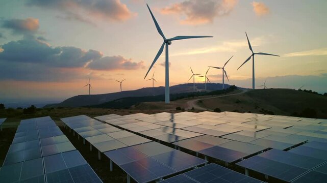 Wind turbines spin behind rows of solar panels on hilly terrain. Evening sun highlights dual-source power system focused on sustainability and reduced carbon emissions. Clean future in progress.