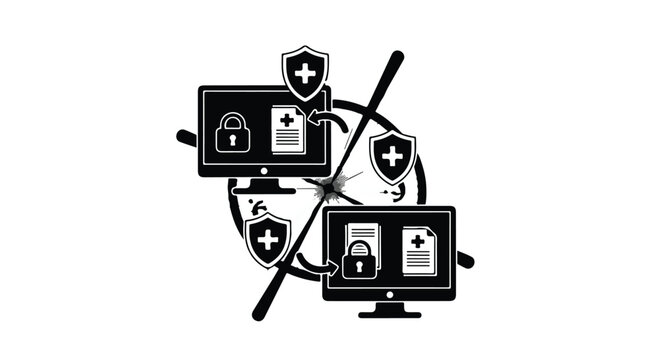 Cybersecurity concept with protected computers and shields